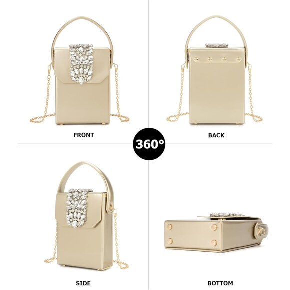 ⚡Women's Evening Rhinestone Box Detachable Chain Strap Tan Crystal Clutch Bag - Picture 4 of 6